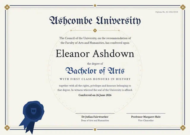 Ocean Blue Seal Bachelor's Degree Diploma template, A4 landscape, in ocean blue
