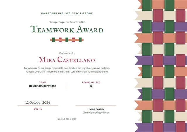 Jade Ribbon Teamwork Award template, A4 landscape, in jade