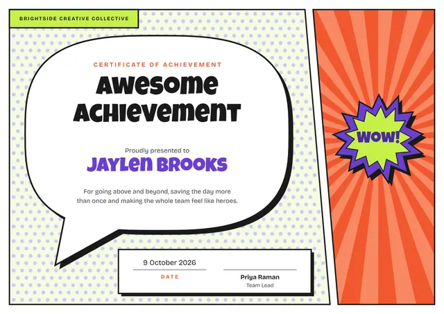 Orange Sunburst Awesome Achievement Award template, A4 landscape, in orange