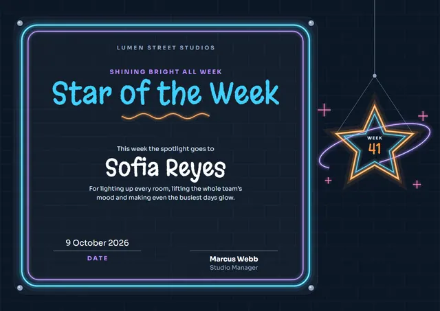 Midnight Orbit Star of the Week Award template, A4 landscape, in midnight blue
