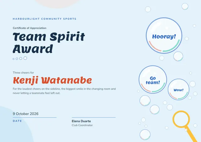 Navy Confetti Team Spirit Award template, A4 landscape, in navy