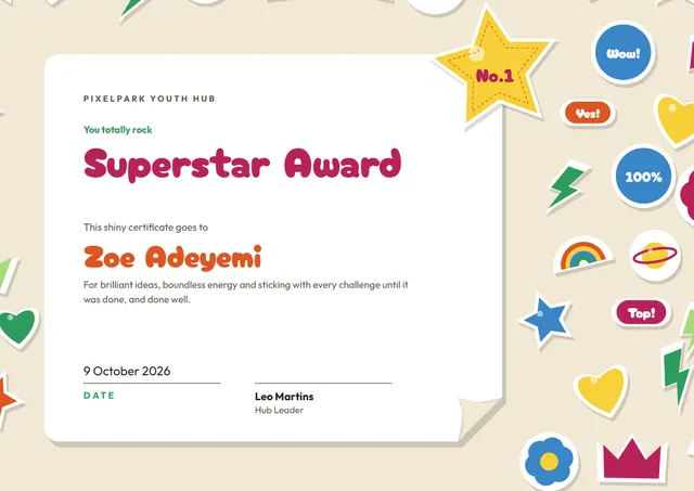 Fuchsia Orbit Superstar Award template, A4 landscape, in fuchsia
