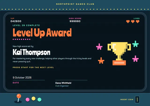Midnight Trophy Level Up Award template, A4 landscape, in midnight blue