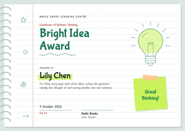 Emerald Sunburst Bright Idea Award template, A4 landscape, in emerald