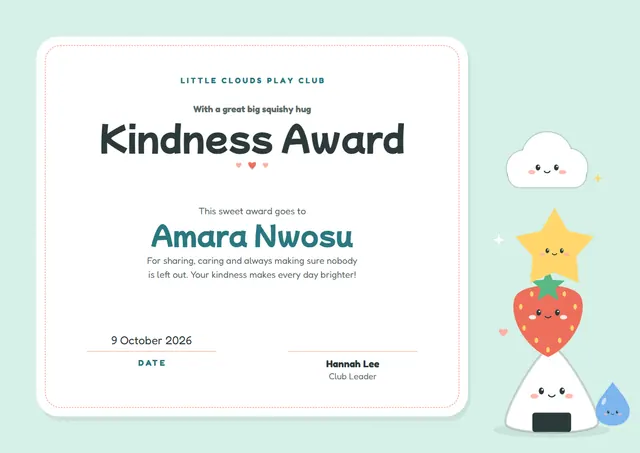 Ocean Blue Starry Kindness Award template, A4 landscape, in ocean blue