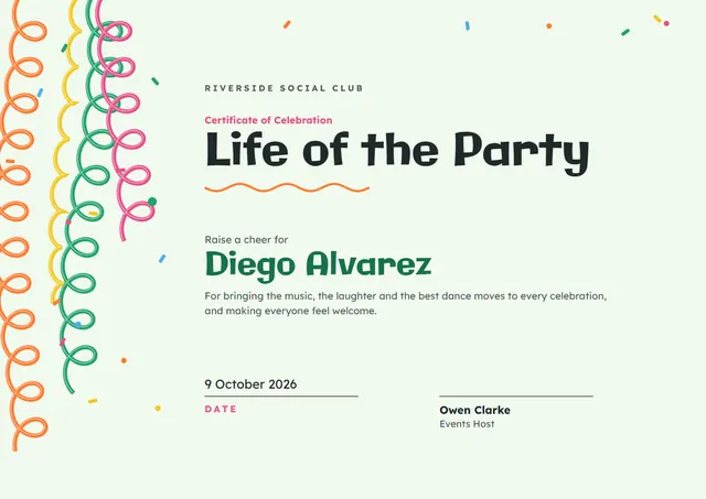 Emerald Confetti Life of the Party Award template, A4 landscape, in emerald