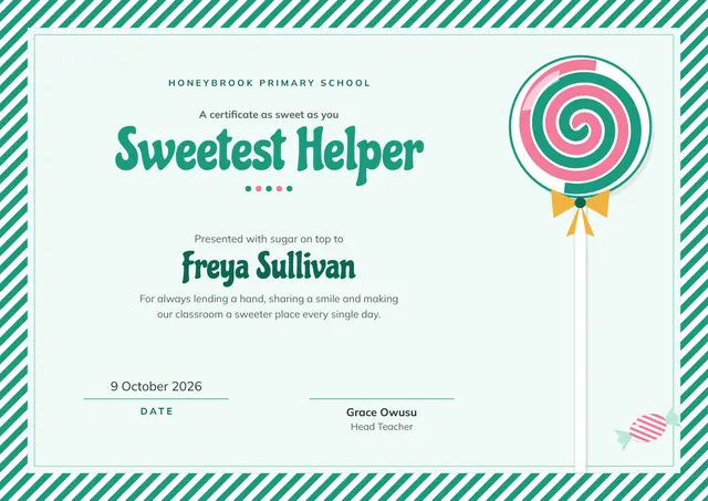 Jade Ribbon Sweetest Helper Award template, A4 landscape, in jade