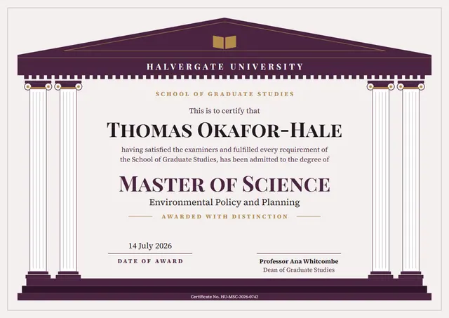 Plum Bordered Master's Degree Diploma template, A4 landscape, in plum