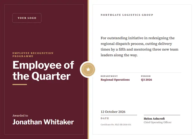 Burgundy Seal Employee Recognition Award template, A4 landscape, in burgundy