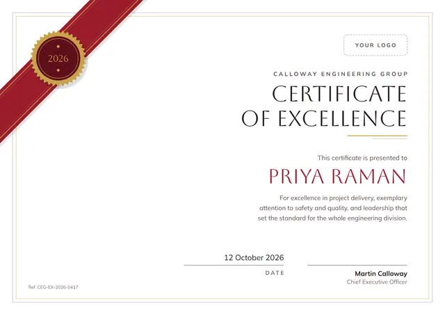 Crimson Medal Certificate of Excellence template, A4 landscape, in crimson