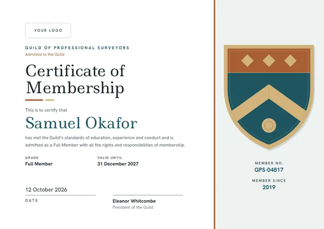 Teal Badge Certificate of Membership template, A4 landscape, in teal
