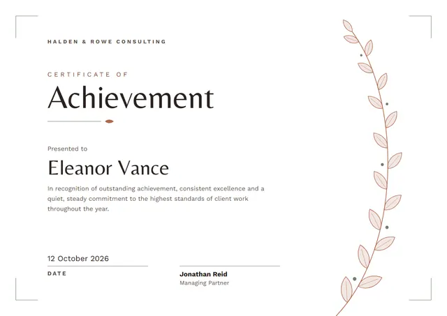 Copper Laurel Certificate of Achievement template, A4 landscape, in copper