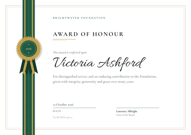 Forest Green Rosette Award of Honour template, A4 landscape, in forest green