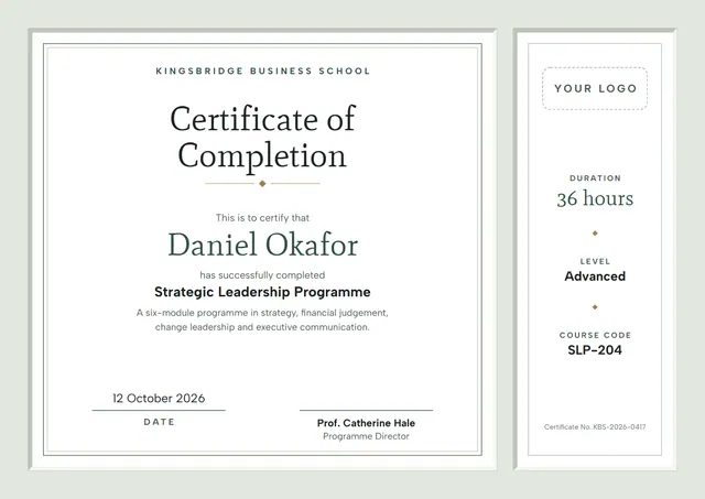Forest Green Corporate Certificate of Completion template, A4 landscape, in forest green