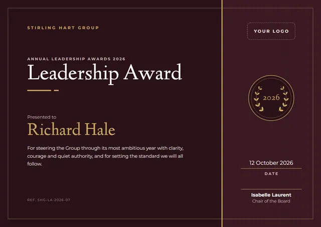Burgundy Laurel Leadership Award template, A4 landscape, in burgundy