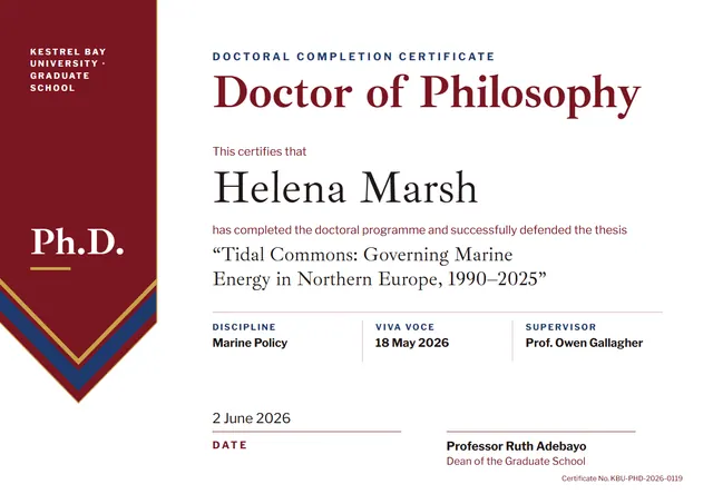 Crimson Geometric PhD Completion Certificate template, A4 landscape, in crimson