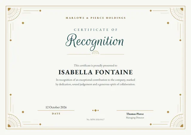 Navy Sunburst Certificate of Recognition template, A4 landscape, in navy
