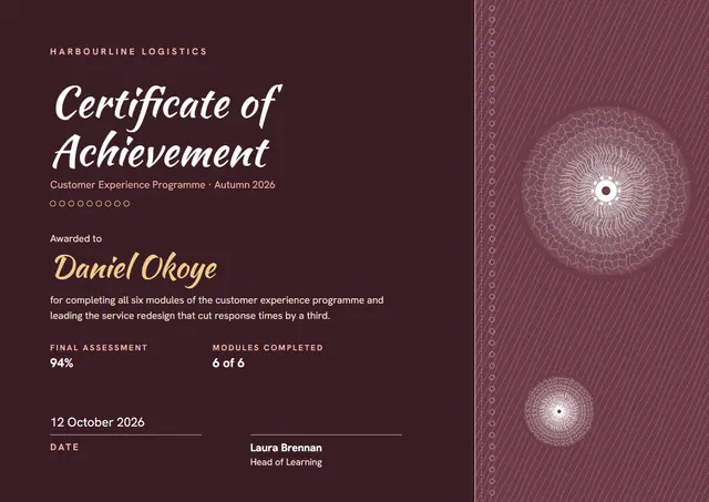 Burgundy Sunburst Certificate of Achievement template, A4 landscape, in burgundy