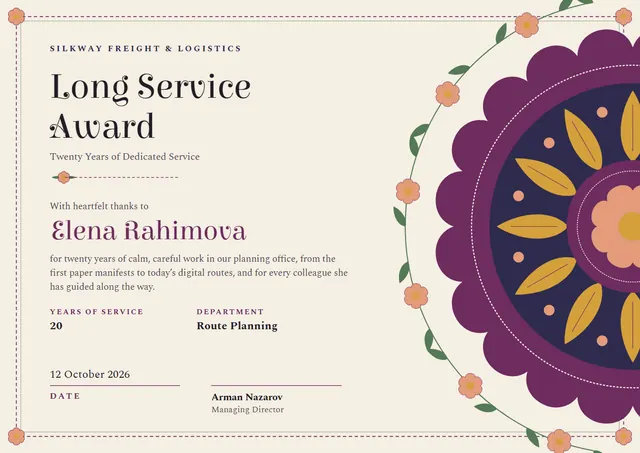 Coral Rosette Long Service Award template, A4 landscape, in coral