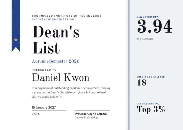 Ocean Blue Ribbon Dean's List Certificate template, A4 landscape, in ocean blue