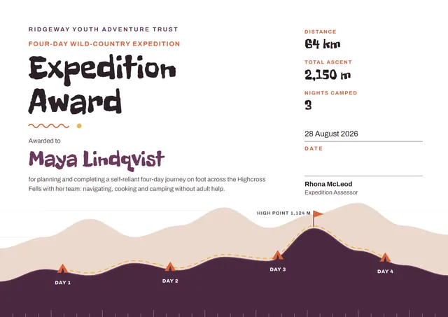 Plum Pennant Youth Expedition Award template, A4 landscape, in plum