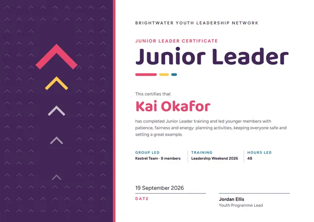 Plum Geometric Junior Leader Award template, A4 landscape, in plum