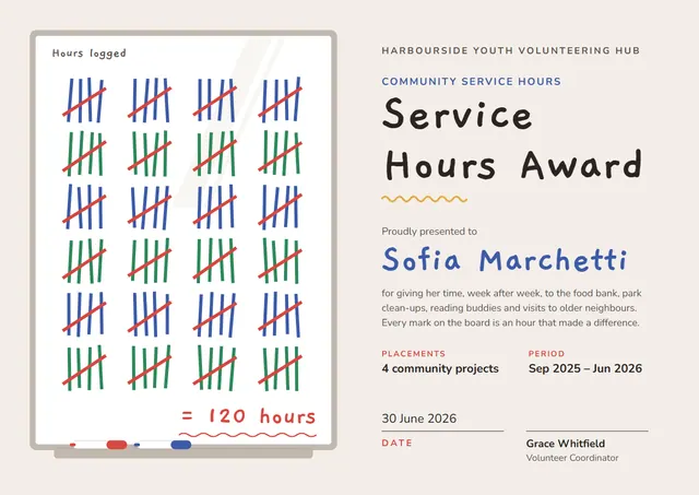 Steel Blue Sunburst Community Service Hours Certificate template, A4 landscape, in steel blue