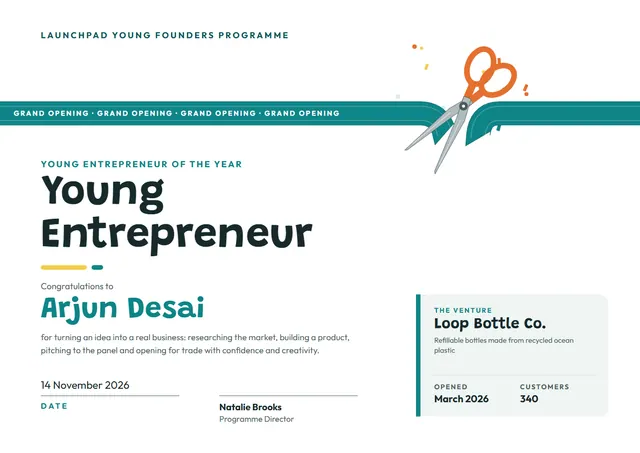 Teal Ribbon Young Entrepreneur Award template, A4 landscape, in teal
