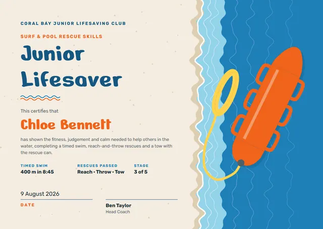 Gold Ribbon Junior Lifesaver Certificate template, A4 landscape, in gold