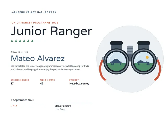 Midnight Sunburst Junior Ranger Award template, A4 landscape, in midnight blue