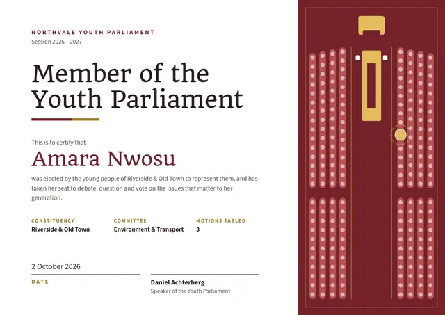 Burgundy Wave Youth Parliament Certificate template, A4 landscape, in burgundy