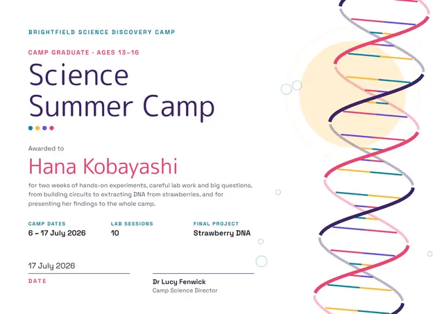 Rose Sunburst Science Summer Camp Certificate template, A4 landscape, in rose
