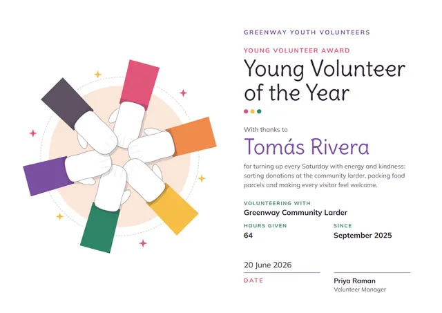 Purple Starry Young Volunteer Award template, A4 landscape, in purple