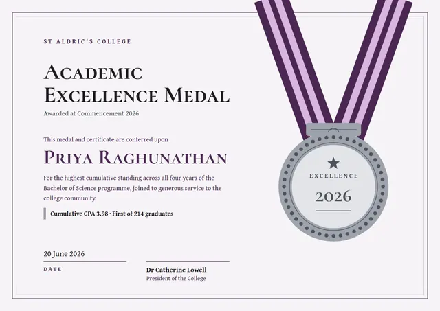 Plum Ribbon Academic Excellence Award template, A4 landscape, in plum