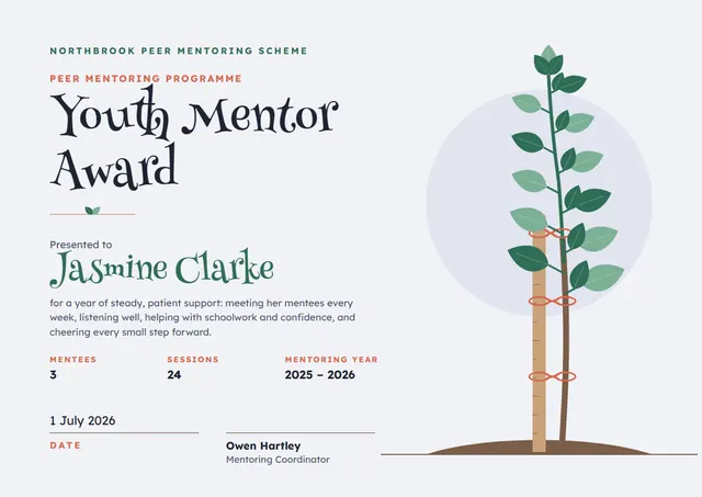 Emerald Leafy Youth Mentor Certificate template, A4 landscape, in emerald