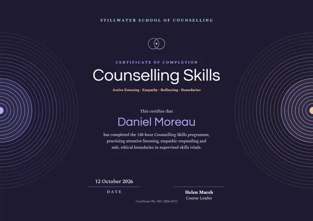 Midnight Wave Counselling Skills Certificate template, A4 landscape, in midnight blue