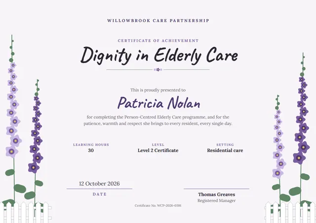 Slate Floral Elderly Care Certificate template, A4 landscape, in slate grey