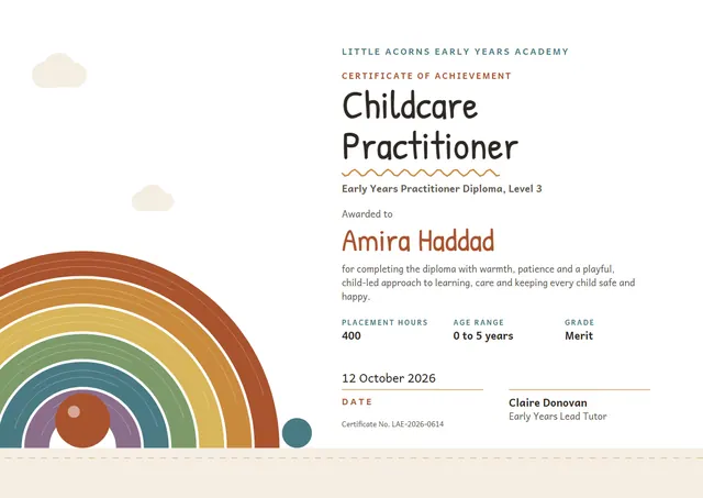 Brick Red Cloud Childcare Practitioner Certificate template, A4 landscape, in brick red