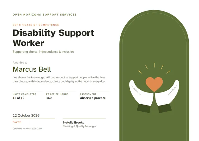 Olive Sunburst Disability Support Worker Certificate template, A4 landscape, in olive