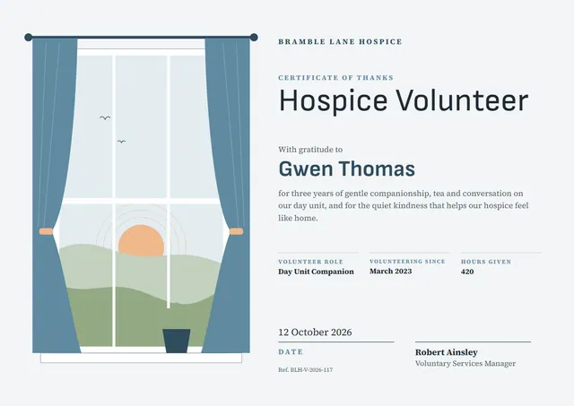 Steel Blue Sunburst Hospice Volunteer Certificate template, A4 landscape, in steel blue
