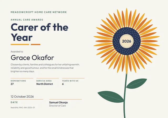 Sunshine Yellow Floral Carer of the Year Award template, A4 landscape, in sunshine yellow
