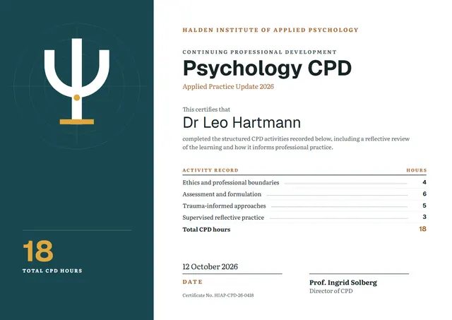 Navy Banded Psychology CPD Certificate template, A4 landscape, in navy