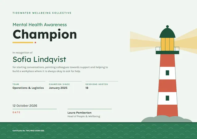 Emerald Wave Mental Health Champion Award template, A4 landscape, in emerald
