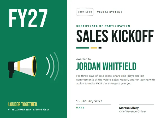 Teal Wave Sales Kickoff Award template, A4 landscape, in teal