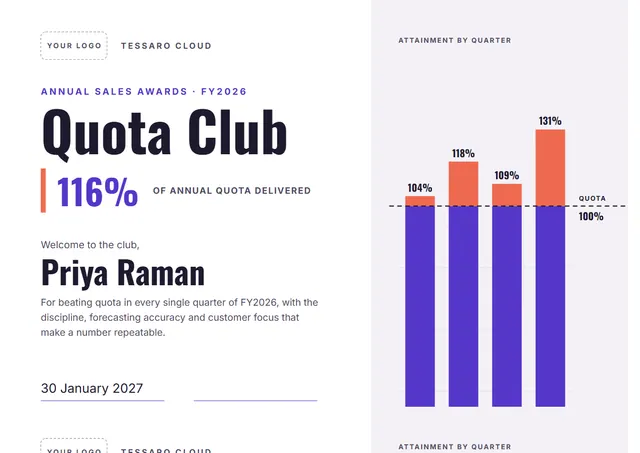 Purple Chart Quota Club Award template, A4 landscape, in purple