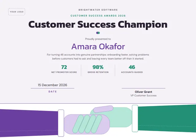 Purple Wave Customer Success Champion Award template, A4 landscape, in purple