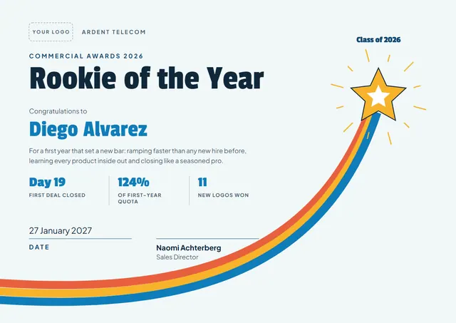 Sunshine Yellow Starry Rookie of the Year Award template, A4 landscape, in sunshine yellow