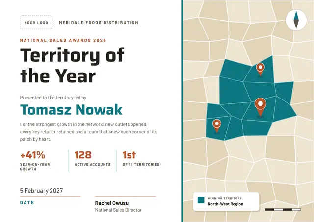 Gold Globe Territory of the Year Award template, A4 landscape, in gold