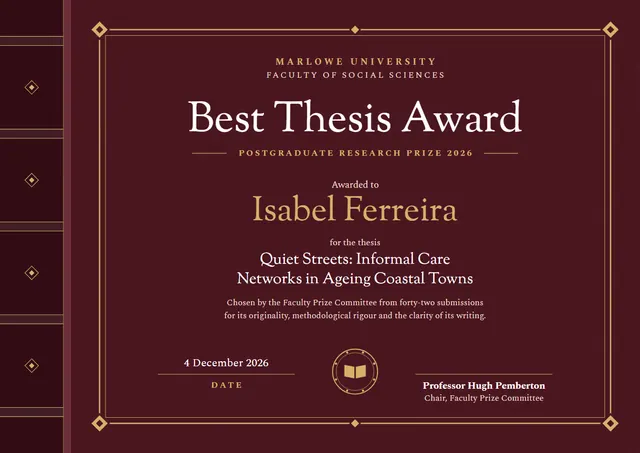 Burgundy Geometric Best Thesis Award template, A4 landscape, in burgundy