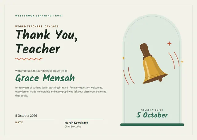 Emerald Starry World Teachers' Day Certificate template, A4 landscape, in emerald